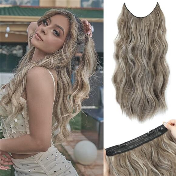 Halo Hair Extensions 20 Inch Light Ash Brown with Blonde Highlights